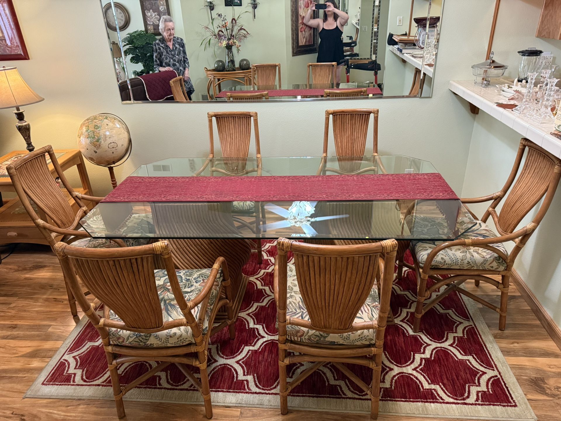Bamboo Style Dining Table Set w/ Glass Table Top