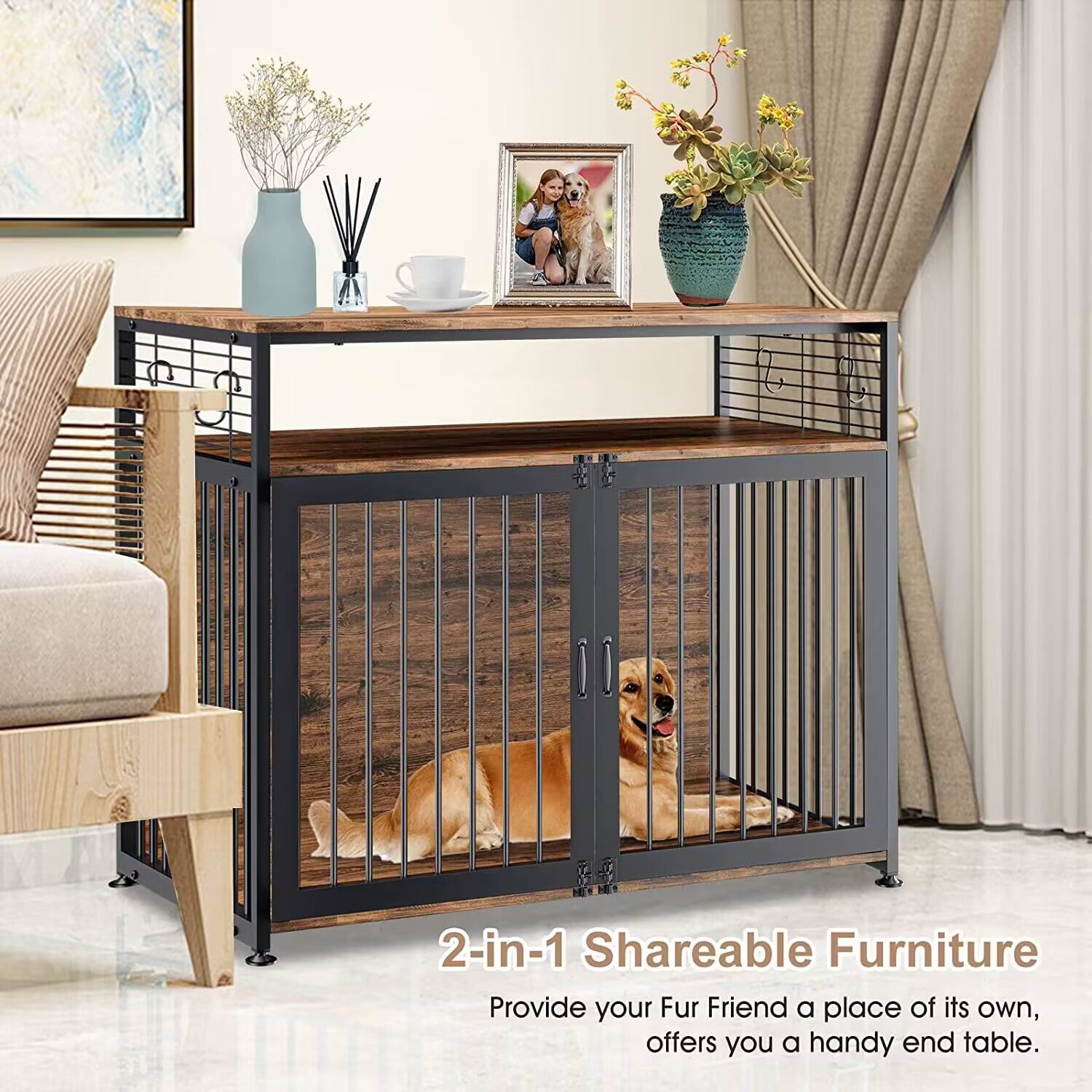Dog Crate Furniture 41" w/ 2 Drawers Large Dog Kennel End Table Wooden Dog Cage