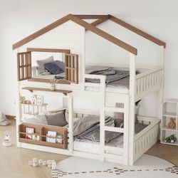 Full Over Full Bunk Bed, Full Size Loft Bed with Bookshelf, House Shaped Design & Safety Rails
