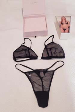 Victoria's Secret V-Set Rhinestone Mesh Bra & Thong Set Black Large Nylon/Lycra