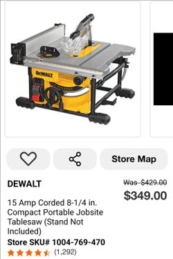 DEWALT
15 Amp Corded 8-1/4 in. Compact Portable Jobsite Tablesaw (Stand Not Included)