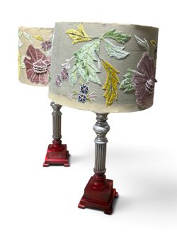Pair of Embroidered Floral Table Lamps – Designer Accent Lamps (Set of 2)