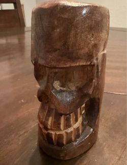 Mexican Hand Carved Wooden Skull Sculpture