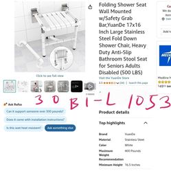 Folding Shower Seat Wall Mounted w/Safety Grab Bar,YuanDe 17x16 Inch Large Stainless Steel Fold Down Shower Chair, Heavy Duty Anti-Slip Bathroom Stool