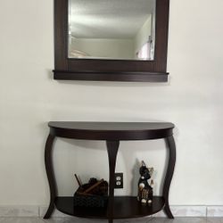 Elegant Entryway Console Table with Matching Wall Mirror – Dark Wood Finish