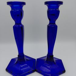 2 Beautiful Vintage Fenton Cobalt I Glass Candlestick Holders 