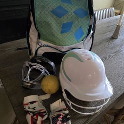 Softball bat bag, gloves, helmet and ripit