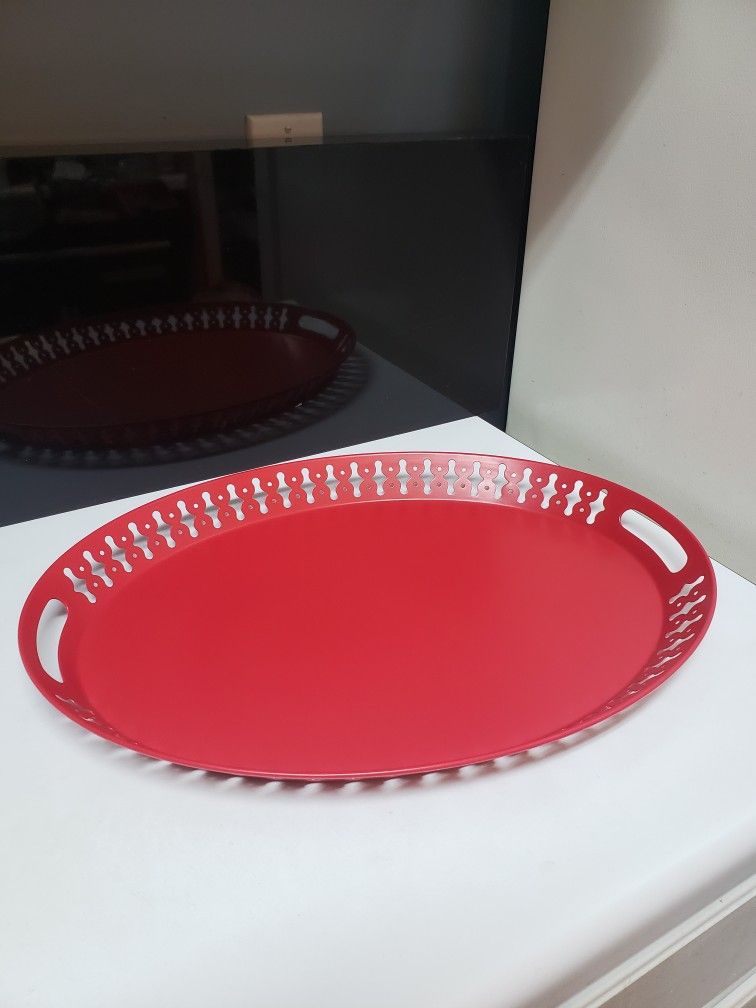 Red Ikea Oval Handled Metal Tray