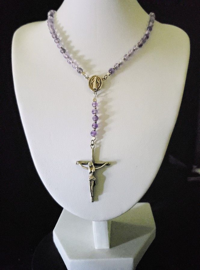 20" x 6mm Amethyst Bead Chain Solid Sterling ROSARY Holy Mother Crucifix Cross