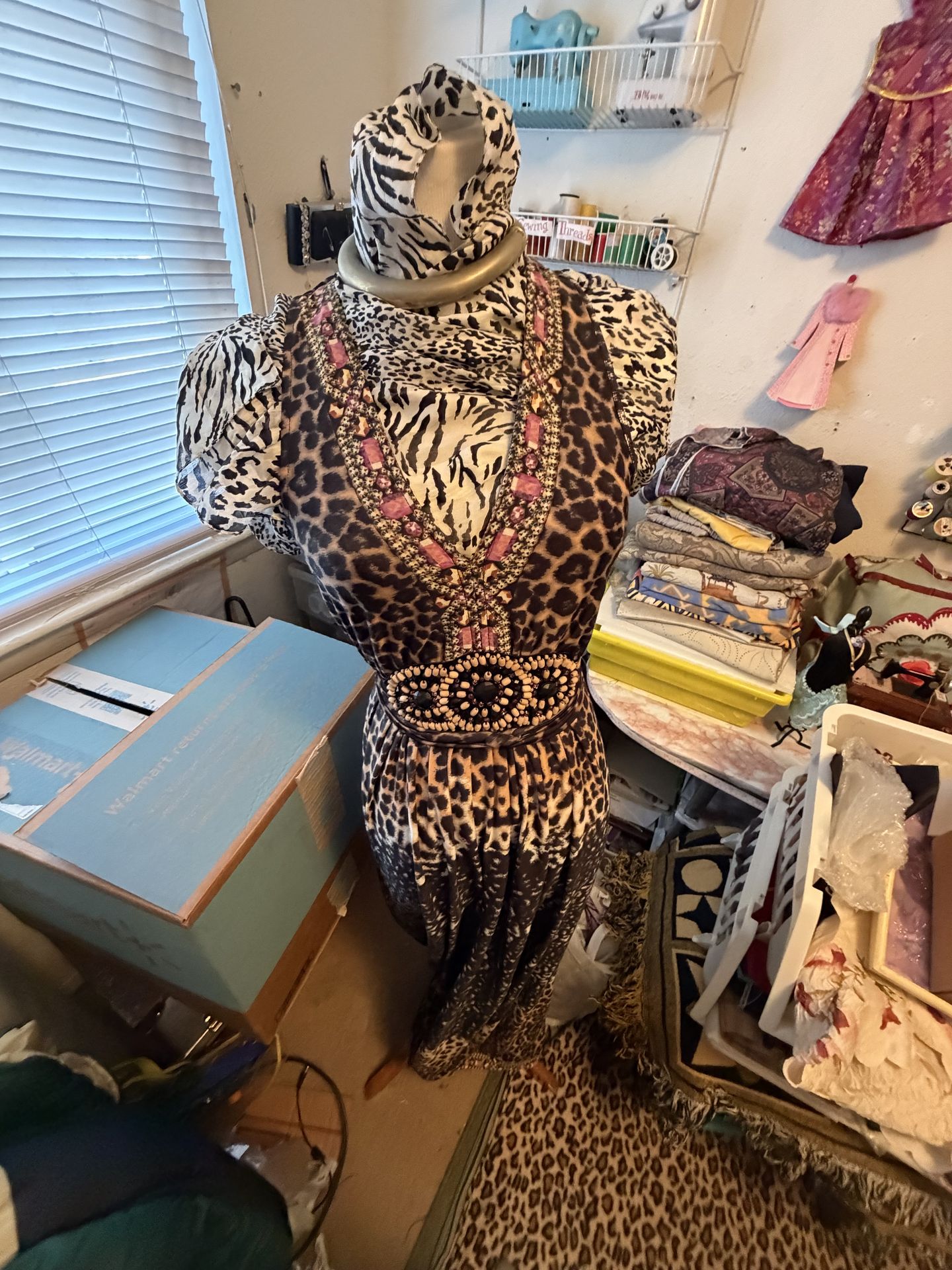 Vintage Leopard Print Dress with Pink & Gold Embellishments