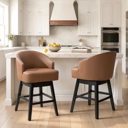 Set of 2 Barstools 26.5" Swivel Faux Leather Upholstered Counter Stool with Solid Wood Legs - Brown