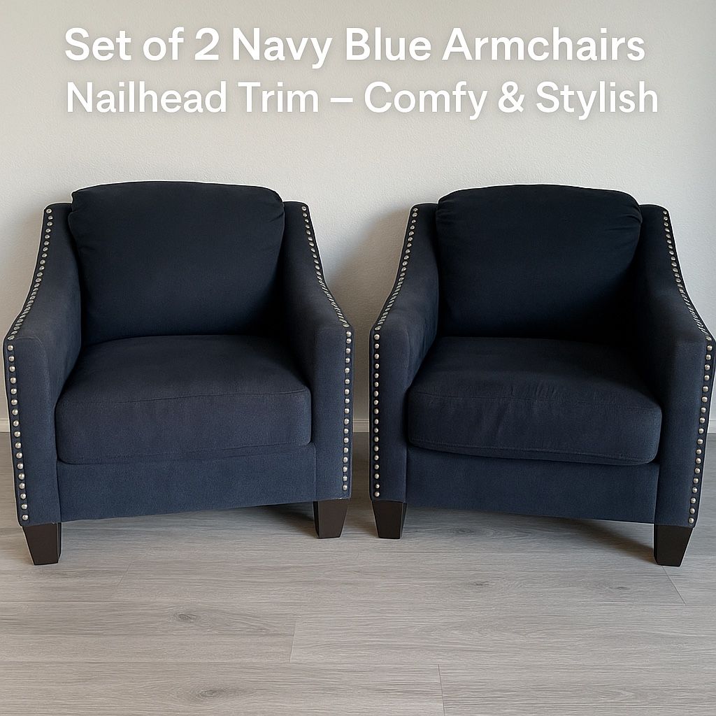 2 Navy Blue Armchairs with Nailhead Trim
