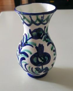 Vtg Hand-Painted Ceramic Vase in White with Blue and Green Floral Accents
