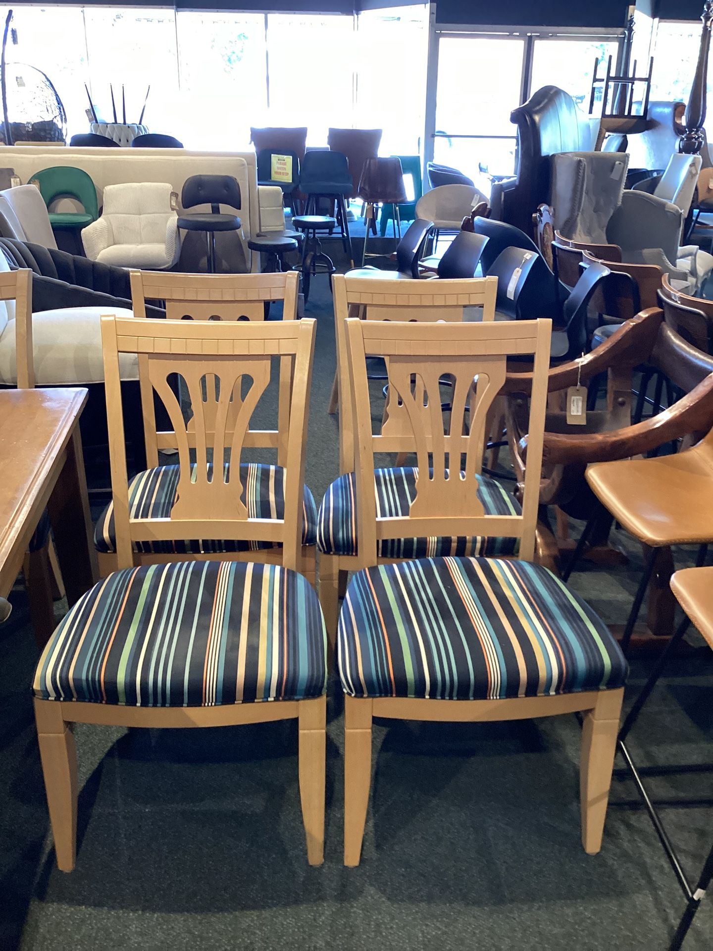 Set Of Light Wood Dining Chairs W/ Multi color Straights Seat