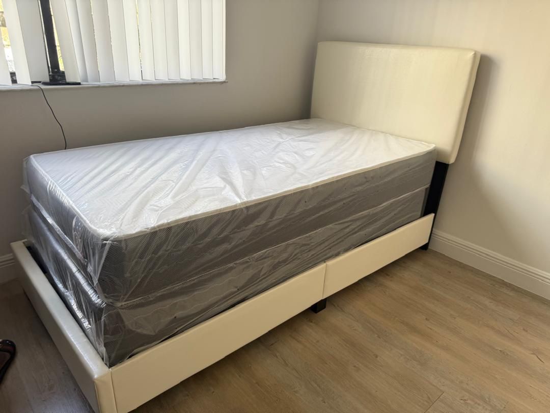 NEW BED FRAME TWIN SIZE WHITE OR BLACK WITH MATTRESS AND BOX SPRING