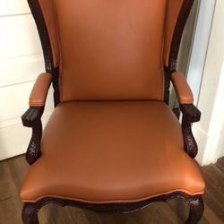 🪑 High-End Carved Wood Wingback Chair – Faux Leather Upholstery 