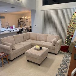 Sofa Couch Modular, L-Shape Corduroy Couches 6 Seat with Storage Ottoman