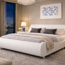 Queen Bed  Stylish Faux Leather Upholstered Sleigh Bed with Adjustable Headboard, No Box Spring Needed, White