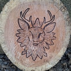 Mystical Wood Carved Deer On Oak Round 