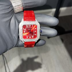 🔥🔥💎💎CUSTOM LIMITED EDITION ALL WHITE BUSTDOWN 🟥DIAL W/ RED LEATHER BAND 🔥🔥💎💎