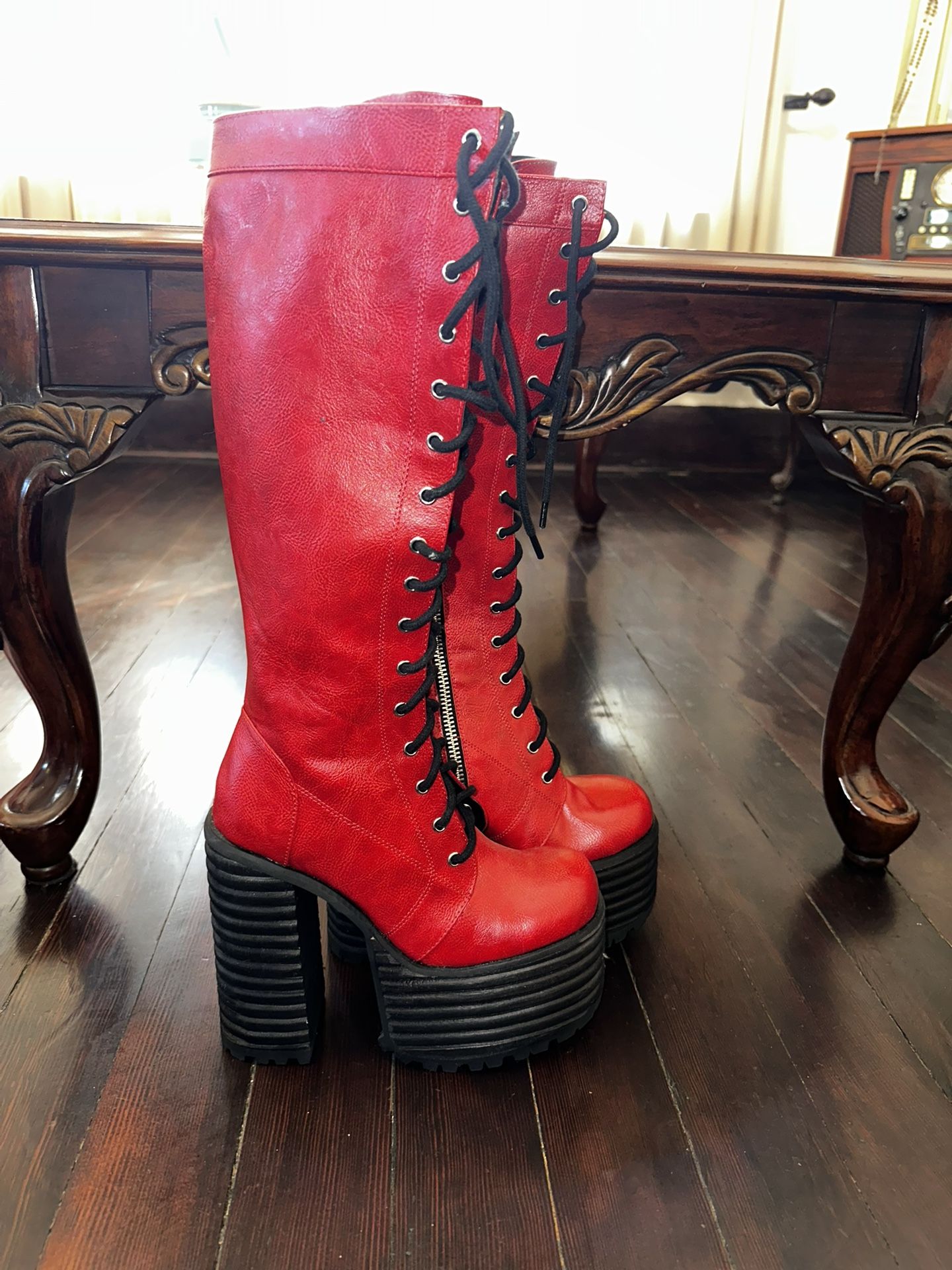 Red Leather Platform Boots 