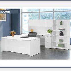 White Office Desk Set with Hutch and Bookcase