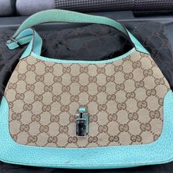 Gucci - Authentic Brown Monogram, Blue Leather, Silver Hardware Shoulder Bag With Dust Bag