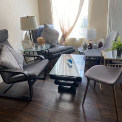 4 Grey Accent Chairs & Coffee Table 