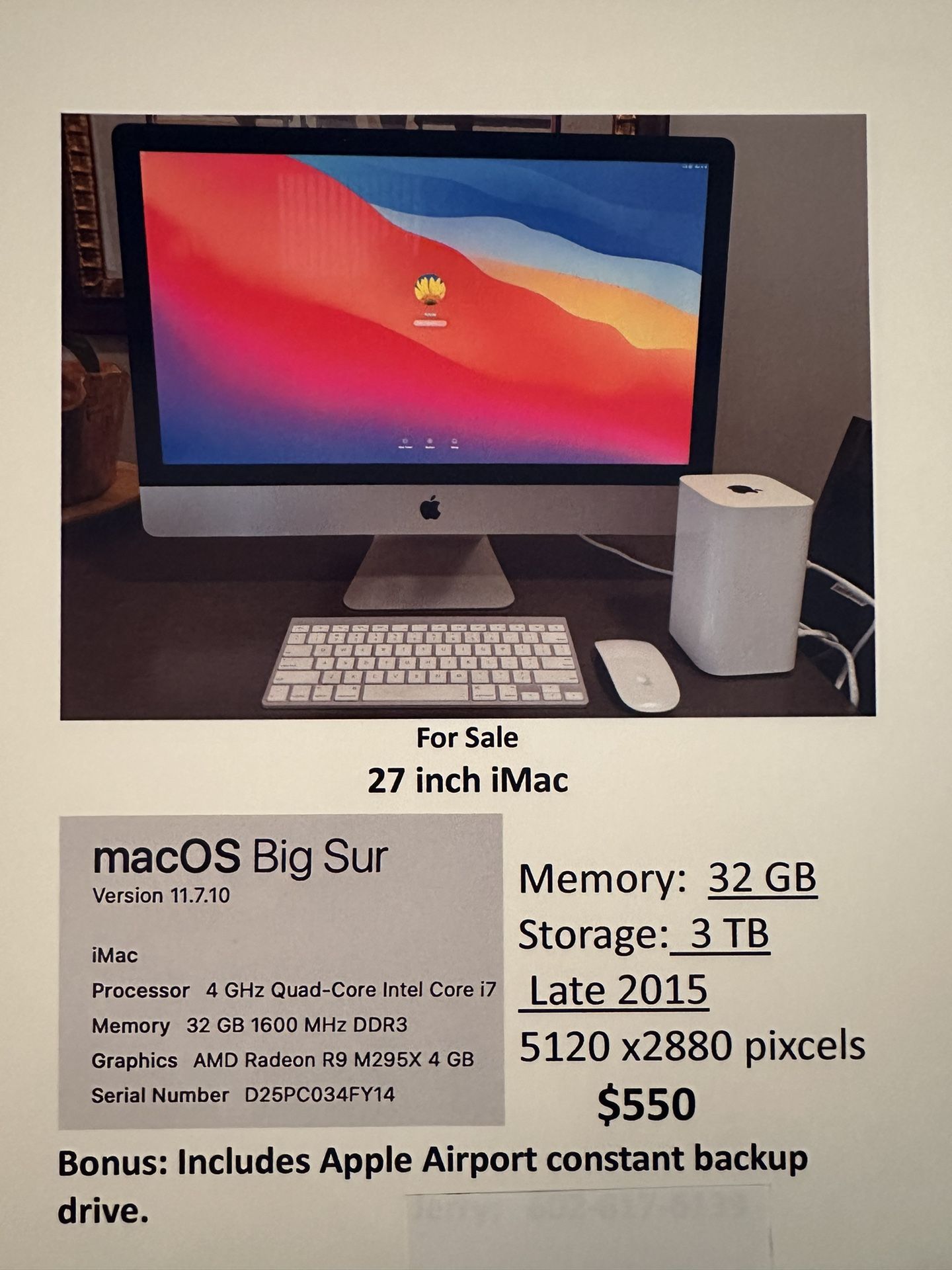 iMac 27” MacOS Big Sur, Keyboard, Mouse, Airport Backupl