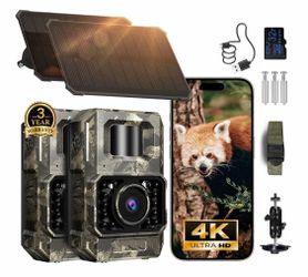 2‑Pack Solar Trail Cameras — 4K WiFi + Bluetooth | No‑Glow Night Vision | IP66