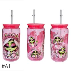 Grinch Girl Fashion Custom Pink Glass Tumbler Cup 20oz