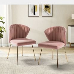 Velvet Dining Chairs Set of 2 Upholstered Side Chairs Home Accent Channel Tufted Gold Metal Legs Living Room Bedroom Pink