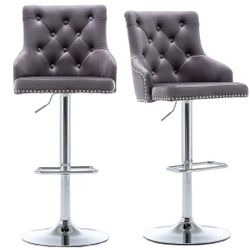 Set Of 2 Grey Velvet Adjustable Height Barstools Swivel Nail Trim Tufted Gray Chrome Kitchen Stools Bar Dining Counter Height Velvet Chairs Rotating 