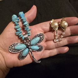 Butterfly Turquoise Necklave+ Pearl Clip Earrings