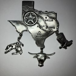 Large TEXAS State Charm Pin Brooch - Western Cowboy Jewelry - Boots Longhorn