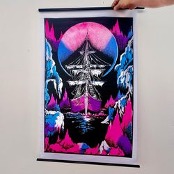 70s Blacklight Poster - Vintage 1976 ICE SHIP Psychedelic UV Art Framed - Funky Ent. OG