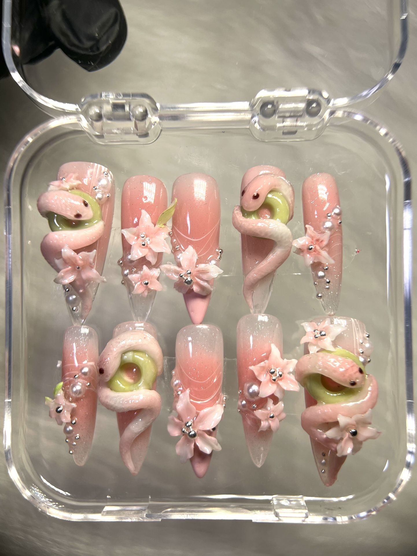 Pink Snake 3D Press-On Nails – Handmade Set 