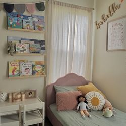 Girl Twin Bed + Mattress, Play Pretend Kitchen, And White Cubby Organizer
