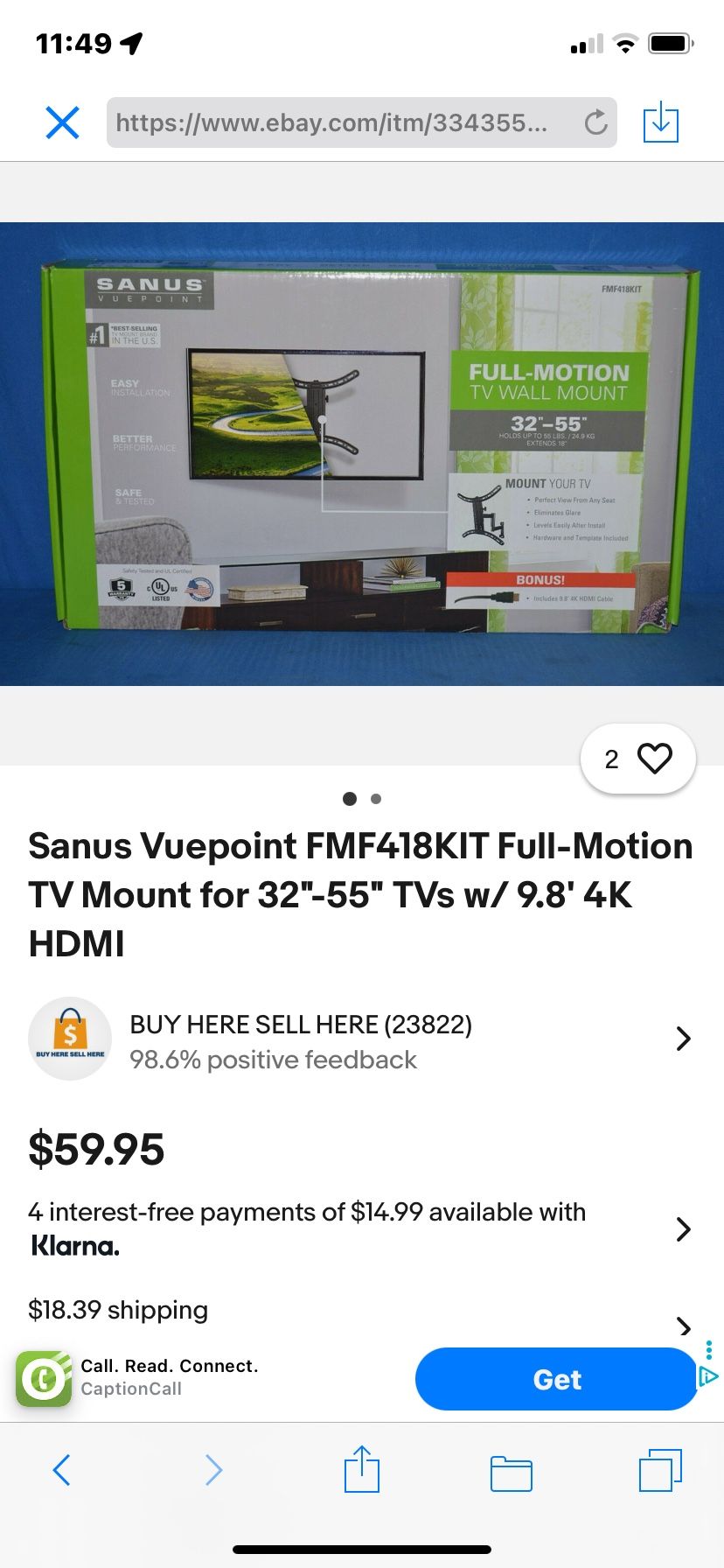 Full Motion TV Wall Mount 32”-55” New , Sanus