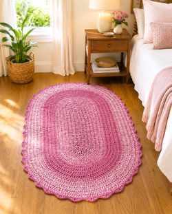 Handcrafted Vintage Crocheted Lovely Scalloped Border Pink Rug Knitted Mat Nursery Runner Carpet Grand Millennial Cottage Style Decor