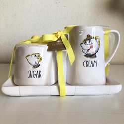 Rae Dunn New Disney Beauty and the Beast Cream & Sugar w/ Tray Mrs. Potts Teapot and Chip the Mug No Damage