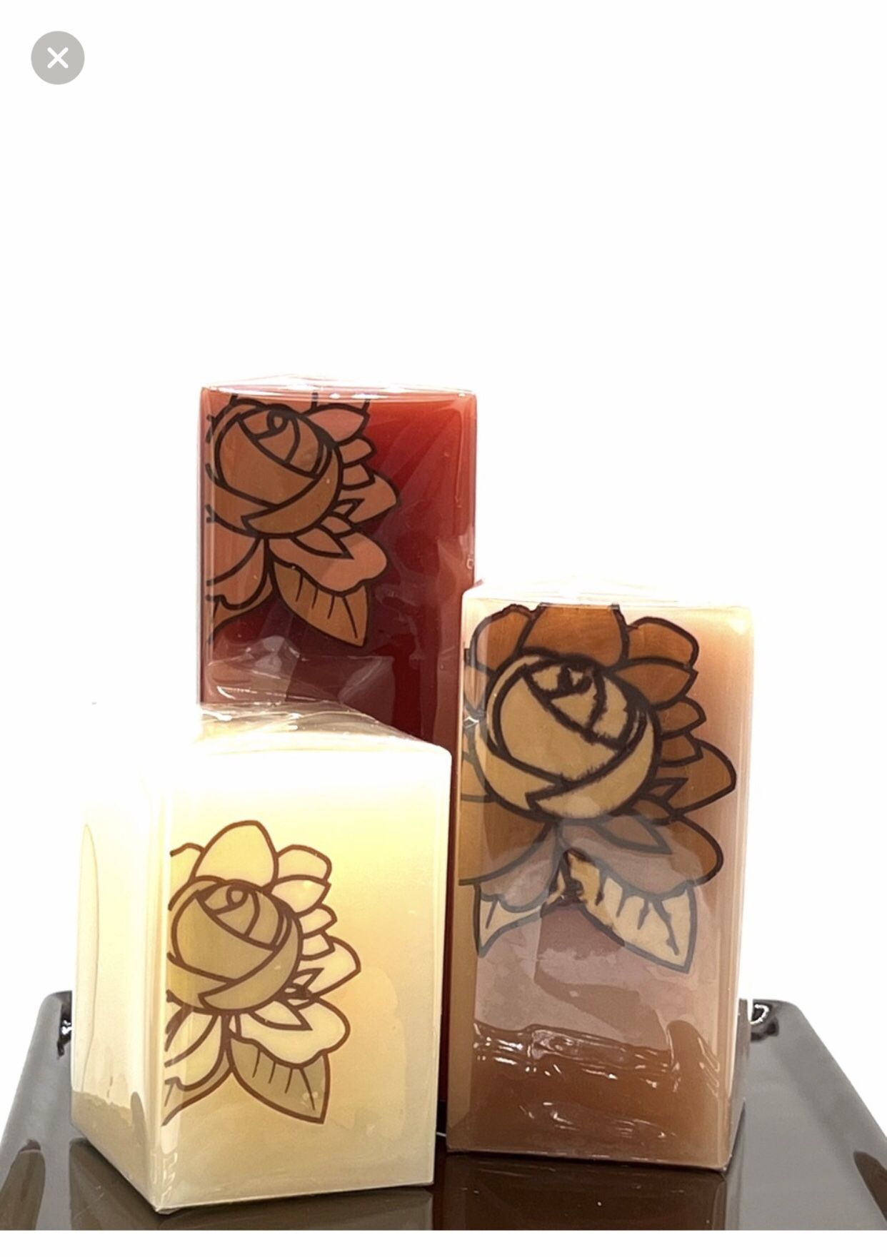 3 NIB Square Pillar Candles With Tray Retired Spa Finder By AVON 2008 Earthly Floral Design
