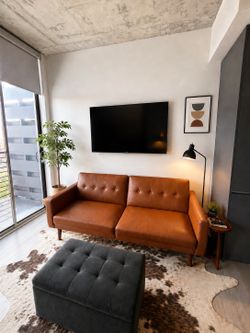 Brown Leather Futon Couch + Ottoman – Converts Flat – Approx. 78” x 32”