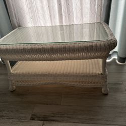 Rattan Style White Indoor/Outdoor Coffee Table With Glass Top