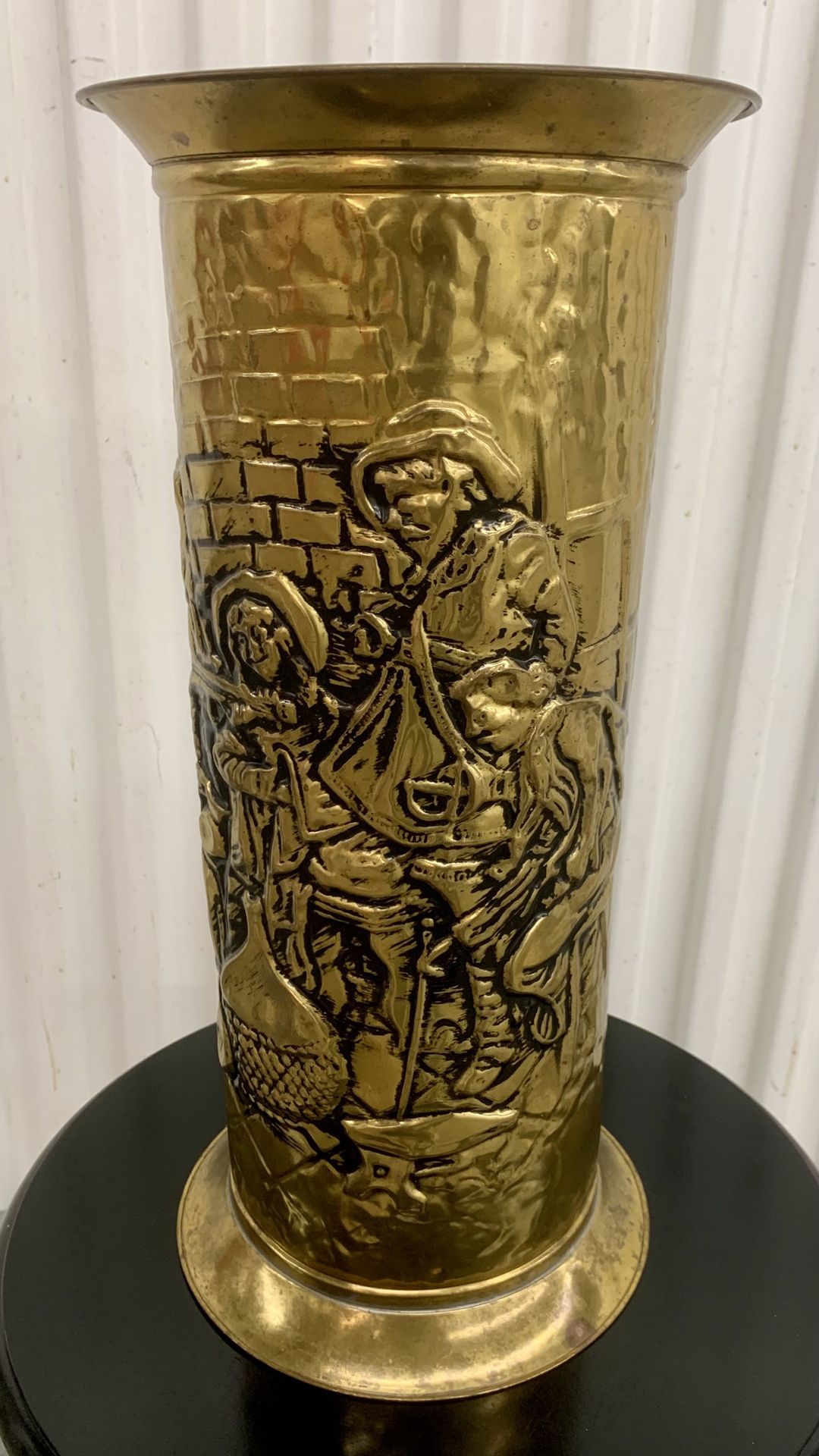 Vintage 1930’s solid brass embossed cylindrical umbrella stand by Lombard England