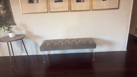 Gray Velvet Tufted Bench with Acrylic Legs