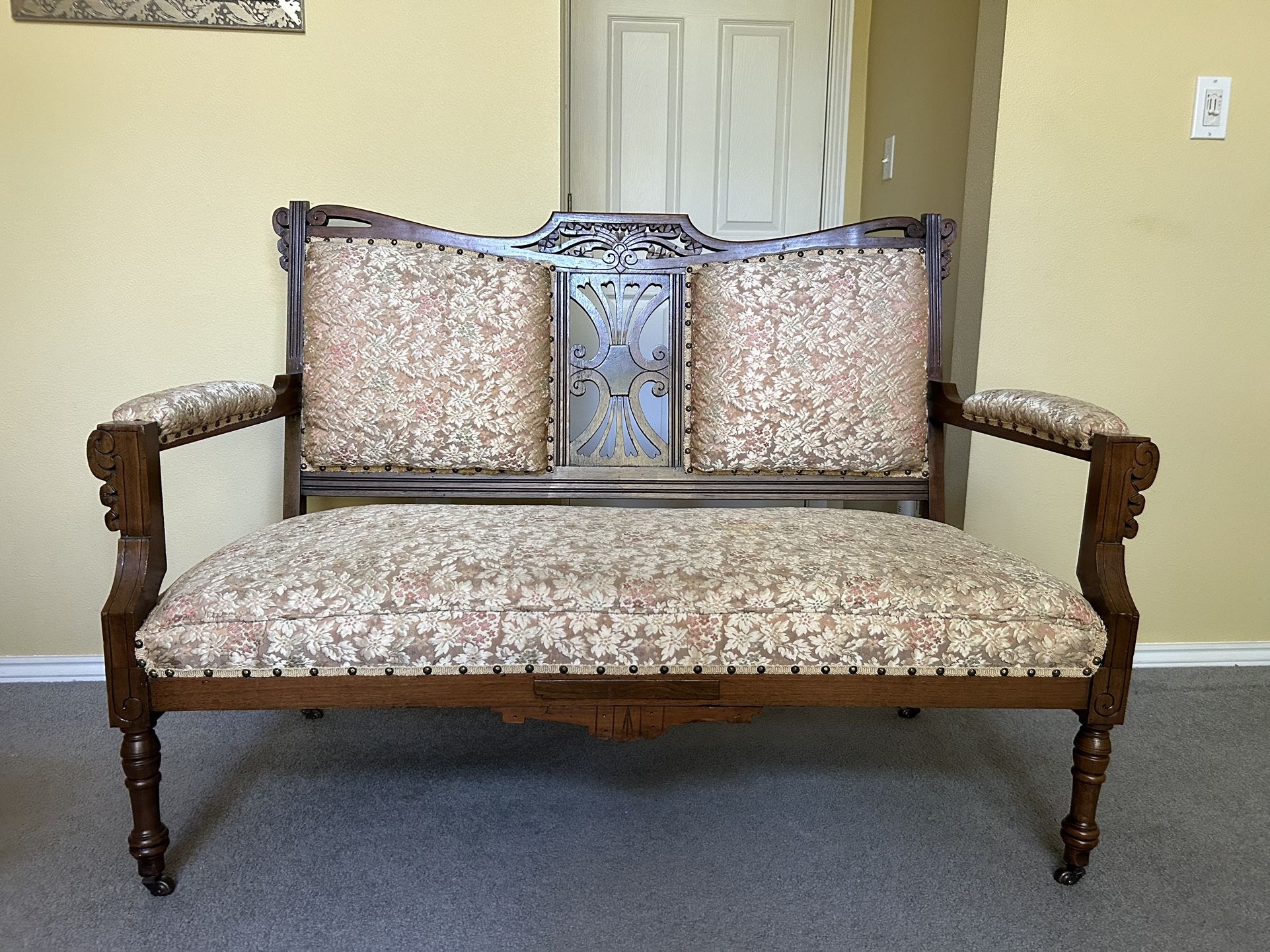 Price Drop - Late 19th Century Eastlake Settee Loveseat Burled Walnut Hand Carved Professionally Restored