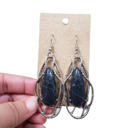 Silver Toned Marbled Black Accent Drop Earrings