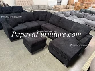 NEW Large U Shape BLACK Chenille Fabric Sectional Sofa and Chaise with Ottoman Set Ashley Designer Style BIG SALE Dark Discount Warehouse Grey Gray