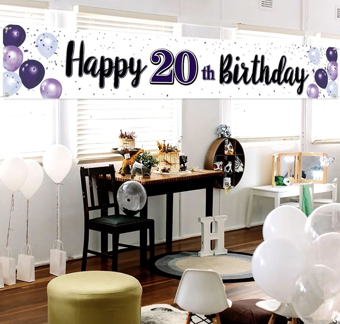 LASKYER Happy 20th Birthday Decorations,20th Purple Balloon Large Birthday Hanging Banner Sign,Cheers To Twenty Years Old Bday Party Supplies. Photo 1